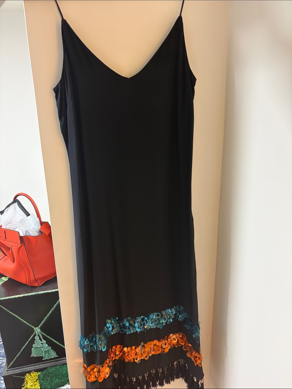 Sachin & BabiBlack Slip Dress with Blue & Orange Sequin Trim - size 2